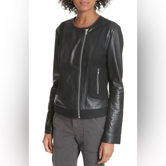 JOIE Morina Lambskin Leather Jacket Black Caviar Sz L Large Wool Moto Biker New - Picture 4 of 16